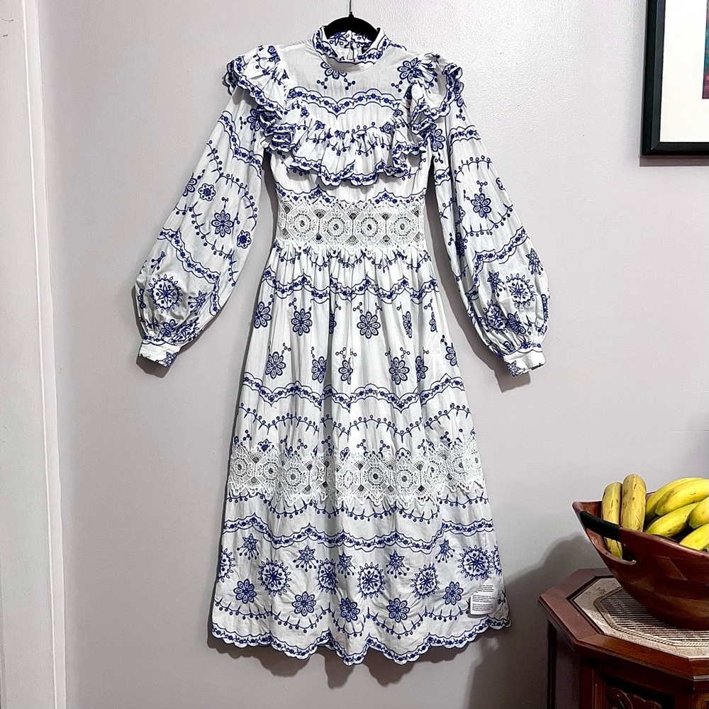 NWT ASOS Broderie Blouson Sleeve Midi Dress w/ Contrast Embroidery MSRP$260